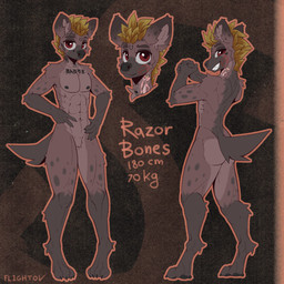 abs anthro athletic blonde_hair brown_body brown_fur butt digitigrade featureless_crotch feet fur grin hair looking_at_viewer male male_anthro markings muscular muscular_anthro muscular_male nipples nude razor_bones red_eyes smile solo spots spotted_body spotted_fur standing tail tattoo teeth text toes flightov hyena mammal spotted_hyena 1:1 absurd_res hi_res model_sheet