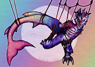 anthro bdsm black_sclera blue_eyelids blue_teeth bondage bound brown_body brown_scales cherry_blossom cherry_blossom_tree cherry_tree chin_piercing claws crotch_tuft curved_tail dipstick_ears ear_markings ear_piercing exaggerated_mastectomy_scar facial_piercing flower flower_on_horn fruit_tree fur gradient_fur horn licking licking_lips long_claws long_tail male markings mastectomy_scar multicolored_ears multicolored_eyes multicolored_nose multicolored_tail narrowed_eyes orange_body orange_fur pawpads piercing pink_inner_ear pink_pawpads plant prunus_(flower) pseudo_horn purple_body purple_fur rainbow rainbow_background rainbow_eyes rainbow_tail restraints rope rope_around_ankle rope_around_chest rope_around_leg rope_around_tail rope_bondage rope_harness scaled_legs scales scar simple_background solo stripes suspended_by_arm suspended_by_leg suspended_by_tail suspension tail teeth text toe_claws tongue tongue_out top_scars tree tuft white_body wood wooden_horn pinatareaper benji_(pinatareaper) aquatic felid fish hybrid mammal pantherine requiem_shark shark tiger tiger_shark 2026 clip_studio_paint_(artwork) digital_drawing_(artwork) digital_media_(artwork) hi_res pastel_(artwork) pastel_theme signature traditional_media_(artwork) nonbinary_(lore) trans_(lore) trans_man_(lore)