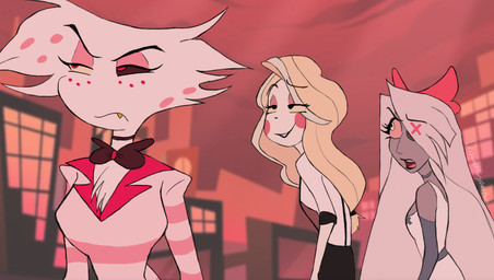 anthro blonde_hair breasts clothed clothing detailed_background fangs female fur grey_body group hair humor jealous male multi_arm multi_limb multicolored_body multicolored_fur open_mouth open_smile pink_body pink_fur smile teeth tongue two_tone_body two_tone_fur white_body white_fur drawmeaponynamedbob distracted_boyfriend hazbin_hotel hellaverse angel_dust charlie_morningstar vaggi_(hazbin_hotel) angel arachnid arthropod demon humanoid insect lepidopteran moth spider meme