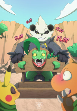 anal anal_penetration anthro balls bdsm bodily_fluids bondage bound chastity_belt chastity_device cum cum_in_mouth cum_inside cum_on_face gag gagged genital_fluids genitals group male male/male male_penetrated male_penetrating male_penetrating_male open_mouth penetration public restraints ring_gag scarf sex smile smirk stocks tongue n1k0 nintendo pokemon pokemon_mystery_dungeon spike_chunsoft grovyle_the_thief dragonite generation_1_pokemon generation_3_pokemon generation_6_pokemon grovyle pangoro pikachu pokemon_(species) absurd_res hi_res