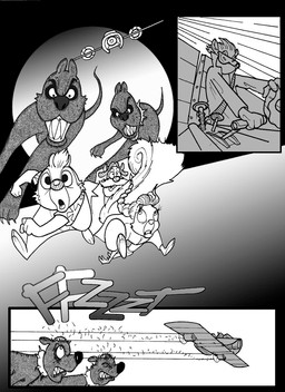 action_scene almost_died aloha_shirt anthro breasts claws cleavage clenched_teeth clothed clothing collar evil_grin facial_hair female fluffy fluffy_tail hair humor male mustache onomatopoeia pattern_clothing pattern_shirt pattern_topwear pilot ponytail rangerwing running sharp_teeth shaving shirt smile sound_effects spiked_collar spikes tail teeth text topwear chris_fischer chip_'n_dale_rescue_rangers disney dale_(disney) monterey_jack_(cdrr) sparky_(cdrr) tammy_squirrel canid canine canis chipmunk domestic_dog ground_squirrel mammal mouse murid murine rodent sciurid tree_squirrel hi_res monochrome