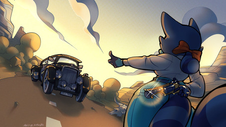 anthro blue_body blue_fur blue_hair car clothed clothed_anthro clothed_female clothing female fur gun hair handgun hitchhiking markings outside ranged_weapon revolver ring_(marking) ringed_tail road solo striped_markings striped_tail stripes tail tail_markings vehicle weapon squiderdoodle cazadora_(rentonreverb) mammal procyonid raccoon 16:9 absurd_res hi_res widescreen