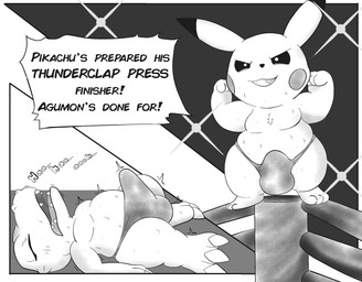 3_toes arms_bent arms_by_side breath bulge chest_tuft clothing dialogue duo erection erection_under_clothing feet feral fighting_ring flexing greyscale_background grin lying male male/male manga_style on_back open_mouth panting pecs slightly_chubby smile smirk smirking_at_another speech_bubble squirming standing tenting text thong toes tuft turnbuckle underwear wrestling gayoshie_(artist) bandai_namco digimon nintendo pokemon agumon digimon_(species) generation_1_pokemon pikachu pokemon_(species) english_text greyscale hi_res monochrome