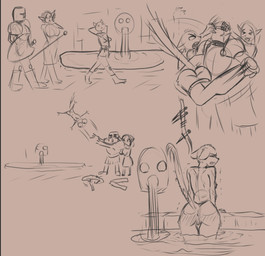 anthro anus butt clothing eyes_closed female genitals group knight looking_back open_mouth partially_submerged rear_view shield tail vulva warrior alcorart conditional_dnp domestic_cat felid feline felis humanoid mammal 2026 hi_res sketch