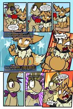 8_panel_comic ambiguous_gender angry apple bandage belly big_belly biped black_cape black_clothing black_nose black_text brown_body brown_fur brown_hair cape clenched_teeth clothing cross-popping_vein day dialogue dot_pupils duo eating eating_food exclamation_point eye_patch eyebrows eyelashes eyewear feral fluffy fluffy_tail food fruit fur hair holding_apple holding_food holding_fruit holding_object looking_at_another motion_lines mouth_closed neck_tuft one_eye_obstructed open_mouth open_smile outside page_number pawpads plant pupils purple_eyes purple_scarf quadruped question_mark scarf sharp_teeth smile sparkles sparkling_eyes speech_bubble standing tail talking_to_another teeth text text_box tongue toony translucent translucent_hair tuft tusks white_sclera white_text virmir nintendo pokemon pokemon_mystery_dungeon spike_chunsoft virmir_(character) zinc_(zincxiron) axew eevee generation_1_pokemon generation_5_pokemon pokemon_(species) 2026 2:3 absurd_res comic english_text hi_res signature male_(lore)