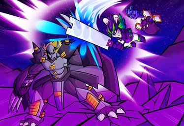 3_toes ambiguous_gender anthro armor attack battle belt bent_leg black_body black_boots black_clothing black_footwear black_hair black_handwear black_jacket black_mittens black_skin black_topwear blonde_hair blue_body blue_eyes blue_skin blue_sky boots buckteeth claws clear_sky closed_frown clothing cracked_ground eye_contact featureless_crotch featureless_limbs feet female female_anthro flying footwear frown frowning_at_another furrowed_eyebrows gauntlets_(weapon) greaves green_belt green_hair grey_claws group guarding hair handwear headgear helmet holding_melee_weapon holding_object holding_sword holding_weapon horn horned_helmet jacket larger_anthro larger_female larger_male light long_hair looking_at_another male male_anthro melee_weapon midair mitten_hands mittens motion_lines mouth_closed multicolored_body muscular muscular_anthro muscular_male muscular_thighs noseless open_belt orange_eyes outside pauldron purple_clothing purple_eyelids purple_shirt purple_topwear sharp_teeth shield shirt shoes short_hair size_difference sky smaller_ambiguous smaller_anthro smaller_female spiky_hair standing star starry_sky sword tan_body tan_inner_ear tan_skin teeth toe_claws toes toothy_grin topwear torn_clothing torn_shirt torn_topwear two_tone_body weapon yellow_eyes carbonated-jem bandai_namco digimon mario_bros mario_plus_rabbids_sparks_of_hope nintendo raving_rabbids rayman_(series) ubisoft edge_(mario_plus_rabbids) exosphere blackwargreymon digimon_(species) lagomorph mammal rabbid spark_(mario_plus_rabbids) 2022 absurd_res colored crossover digital_drawing_(artwork) digital_media_(artwork) english_description hi_res lighting shaded