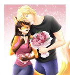 5_fingers anthro black_hair black_nose blonde_hair bottomwear bouquet box_of_chocolates breasts candy chocolate clothed clothing denim denim_bottomwear denim_clothing dessert duo female female_anthro female_on_human fingers flower flower_bouquet food fur gloves_(marking) hair human_on_anthro humanoid_hands interspecies jeans male male/female male_human male_on_anthro markings multicolored_body multicolored_fur orange_body orange_fur pants plant romantic romantic_couple shirt smile t-shirt topwear two_tone_body two_tone_fur white_body white_fur sabri-rgk cynthia_saito michael_(collarspider) canid canine fox human mammal 2023