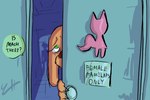 anthro behind_door brown_body brown_fur dialogue door doorknob female fur green_eyes hiding_behind_door peeking_through_door silhouette solo speech_bubble text biscotti5000 jane_(biscotti5000) canid canine canis domestic_dog mammal 3:2 english_text hi_res