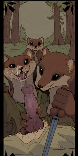animal_genitalia animal_penis anthro beady_eyes black_border bodily_fluids border brown_body brown_fur canine_genitalia canine_penis cum cum_on_face cum_on_penis cum_string dagger female female_rape first_person_view forced forest forest_background fur genital_fluids genitals group holding_dagger holding_melee_weapon holding_object holding_weapon knot knotted_penis male male/female male_pov melee_weapon nature nature_background oral penis plant rape reverse_forced_oral semi-anthro sex tree weapon garbagegarage canid canine mammal mustelid musteline true_musteline weasel hi_res