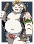 anthro asian_clothing balls belly big_belly blush bulge clothing east_asian_clothing erection_under_loincloth food fundoshi genitals japanese_clothing kemono male moobs navel nipples overweight overweight_male penis small_penis solo tenting underwear white_body ptcmtr lifewonders tokyo_afterschool_summoners licho_(tas) felid mammal pantherine tiger 2022 hi_res