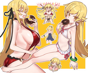 accessory aged_down aged_up ahoge bangs bar_emanata big_breasts bikini bikini_bottom bikini_top biped blonde_hair bracelet breasts chibi clothing cute_fangs duo eating eating_donut eating_food emanata eyes_closed fangs female flat_chested food hair hair_accessory hair_tie half-closed_eyes head_between_breasts holding_food holding_object jewelry laugh laughing_at_another loli long_hair looking_at_viewer male male/female narrowed_eyes navel one-piece_swimsuit one_eye_closed overalls pointy_ears ponytail pose side_boob sitting smothering star_emanata stretching swimwear teeth two-piece_swimsuit yellow_eyes young young_humanoid ebora monogatari monogatari_(series) araragi_koyomi shinobu_oshino elf human humanoid mammal vampire 2024 detailed digital_drawing_(artwork) digital_media_(artwork) hi_res multiple_images