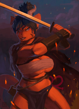 anthro big_breasts biped breasts chest_wraps clothed clothed_anthro clothed_female clothing cloud female fingers front_view hair horn looking_at_viewer melee_weapon navel non-mammal_breasts non-mammal_navel outside sky solo standing sword tail teeth thick_thighs under_boob weapon wide_hips wraps neracoda mythology dragon mythological_creature mythological_scalie scalie 2026 absurd_res digital_drawing_(artwork) digital_media_(artwork) hi_res