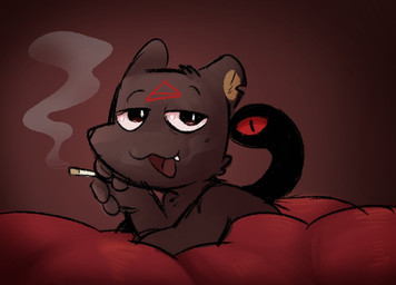 anthro bed bed_covers bedding bedroom_eyes cigarette duo furniture implied_nudity male narrowed_eyes romantic romantic_ambiance seductive smoke smoking snaggle_tooth rabiesram cult_of_the_lamb massive_monster_(studio) ratau_(cult_of_the_lamb) red_crown_(cult_of_the_lamb) mammal murid murine rat rodent