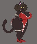 anthro big_breasts big_butt black_eyes breasts brown_body brown_hair butt clothed clothing female footwear grey_background hair high_heels huge_breasts shoes simple_background solo tail thick_thighs sprigatitoartz domestic_cat felid feline felis mammal hi_res