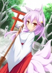 asian_clothing blush broom cleaning_tool clothing east_asian_clothing female hair japanese_clothing long_hair looking_at_viewer multi_tail plant purple_hair shinto_shrine shrine smile solo tail torii tree mikomiko_masimaro kazamatsuri_kazari animal_humanoid canid canid_humanoid canine canine_humanoid fox fox_humanoid humanoid mammal mammal_humanoid hi_res