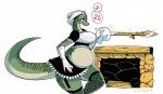anthro argonian belly bethesda_softworks big_belly breasts clothed clothing comic digestion female fireplace fishnet_clothing green_body green_scales hi_res humming lifts-her-tail maid_uniform mantlepiece melee_weapon microsoft midriff nipple_outline non-mammal_breasts polearm polishing scales scalie shyguy9 simple_background solo sparkles spear the_elder_scrolls the_lusty_argonian_maid uniform weapon white_background white_body white_scales