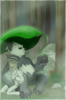 female leaf leaf_umbrella outside plant raining tree screamoshaymin nintendo pokemon generation_6_pokemon human mammal pangoro pokemon_(species) absurd_res hi_res