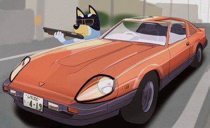 anthro bandits eyewear gun male orange_car ranged_weapon shotgun sky solo sunglasses text tire weapon western_police white_sky fumicake bluey_(series) nissan nissan_280zx bandit_heeler australian_cattle_dog canid canine canis cattledog domestic_dog herding_dog mammal pastoral_dog hi_res japanese_text