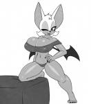 5_toes anthro barefoot big_breasts biped breasts cleavage clothed clothing feet female looking_at_viewer membrane_(anatomy) membranous_wings one_eye_closed panties sleepwear smile solo standing toes underwear wings wink nitro sega sonic_the_hedgehog_(series) rouge_the_bat bat mammal greyscale monochrome