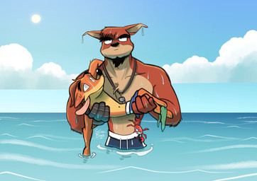 anthro asphyxiation beach clothing cloud cybernetic_arm cybernetic_limb detailed_background drowning duo feral male sea seaweed sky summer sun swimming_trunks swimwear water wet whistle_(object) whistle_around_neck selinaeagle activision crash_bandicoot_(series) crash_bandicoot crunch_bandicoot arthropod bandicoot crab crustacean decapod malacostracan mammal marsupial 2024 digital_drawing_(artwork) digital_media_(artwork) hi_res signature