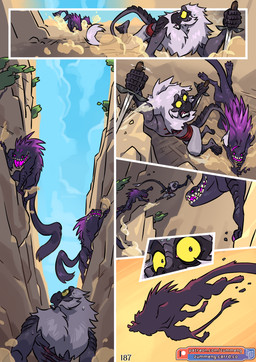 anthro bite claw_marks climbing dagger day feral male melee_weapon mountain purple_eyes scared scratching shirtless surrounded tail thrown weapon yellow_sclera zummeng tristan_(zummeng) haplorhine mammal monkey monster primate comic