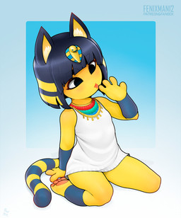 4_fingers anthro bangs barefoot blue_hair blunt_bangs bob_cut clothed clothing dress feet female fingers flat_chested fur hair hindpaw kneeling licking markings pawpads paws self_lick simple_background soles solo striped_markings striped_tail stripes tail tail_markings tongue tongue_out uraeus white_clothing white_dress yellow_body yellow_fur fenixman12 animal_crossing nintendo ankha_(animal_crossing) domestic_cat felid feline felis mammal hi_res signature