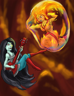 5_fingers angry axe_guitar bass_guitar black_hair boots breasts bubble cleavage clothed clothing damsel_in_distress dress eyebrows featureless_breasts female female_humanoid fingers fire flaming_hair floating footwear grey_body grey_skin guitar hair high_heeled_boots high_heels in_bubble jewelry long_hair musical_instrument not_furry not_furry_focus orange_body orange_clothing orange_dress orange_eyes orange_skin pendant playing_guitar playing_music plucked_string_instrument pseudo_hair raised_eyebrow red_clothing red_eyes red_footwear red_high_heels shoes string_instrument spartly adventure_time cartoon_network flame_princess marceline_abadeer demon elemental_creature elemental_humanoid fire_creature fire_humanoid humanoid vampire 2018 digital_drawing_(artwork) digital_media_(artwork) english_description hi_res procreate_(artwork)