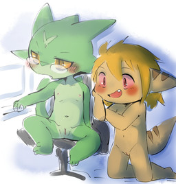 anthro blonde_hair blush breasts brown_body chair computer computer_mouse duo electronics eyewear eyewear_only fangs female furniture genitals glasses glasses_only green_body green_scales hair head_markings head_on_hand innie_vulva kneeling loli looking_aside markings navel nipples non-mammal_breasts non-mammal_nipples nude scales simple_background sitting small_breasts smile spread_legs spreading tail teeth vulva wearing_glasses young young_anthro young_female doneru perserika_(doneru) tany_(doneru) bamfear reptile scalie hi_res sketch adult_(lore)
