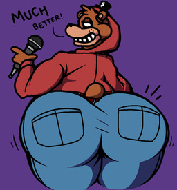 after_vore anthro belt big_butt butt clothing electronics hat head_tuft headgear headwear hoodie jacket looking_away machine male microphone red_clothing red_topwear small_tail smile solo tail thick_thighs top_hat topwear tuft vore ohwhatamidoing five_nights_at_freddy's scott_cawthon scottgames freddy_(fnaf) animatronic bear mammal robot aliasing digital_media_(artwork)