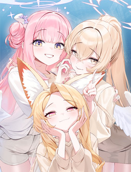 animal_ears back_wings blonde_hair blush bottomwear clothing dress feathered_wings feathers female fluffy_ears hair hair_between_eyes half-closed_eyes halo hands_on_own_face heart_symbol long_hair narrowed_eyes pink_eyes pink_hair ponytail shorts smile sweater teeth topwear white_bottomwear white_clothing white_shorts wings yellow_eyes young young_female young_humanoid evande blue_archive nexon mika_(blue_archive) nagisa_(blue_archive) seia_(blue_archive) animal_humanoid canid canid_humanoid canine canine_humanoid fox_humanoid humanoid mammal mammal_humanoid absurd_res hi_res