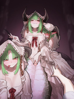 ambiguous_gender ambiguous_pov apode blush breasts clothing duo female first_person_view genitals green_body green_hair green_scales grin hair horn legless looking_at_viewer multi_body navel open_mouth presenting presenting_vulva red_eyes scales serpentine shy simple_background smile smug split_form tongue tongue_out vulva white_clothing ekrea_jan draconcopode human humanoid lamia mammal reptile scalie snake 2023 3:4 absurd_res censored digital_media_(artwork) hi_res