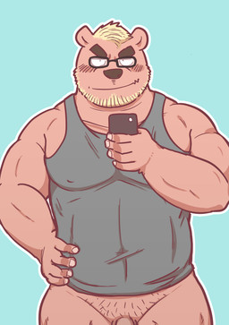anthro barazoku blue_background blush cellphone clothing electronics eyewear genitals glasses humanoid_hands kemono male muscular muscular_male penis phone shirt simple_background smartphone solo topwear kick_(artist) bear mammal 2015