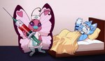 antennae_(anatomy) anthro bed bed_sheet bedding bedroom big_syringe biped black_claws blue_body blue_ears blue_eyes blue_fur blue_tail claws clothed clothed_anthro clothed_female clothing dipstick_tail duo female finger_claws footwear fur furniture green_clothing green_headwear headgear headwear heart_(marking) holding_object legwear liquid looking_at_another looking_at_viewer lying male markings medical_instrument multicolored_body multicolored_clothing multicolored_footwear multicolored_fur multicolored_headwear multicolored_stripes multicolored_tail nurse nurse_clothing nurse_headwear nurse_uniform on_back on_bed open_mouth pattern_clothing pattern_footwear pattern_legwear pattern_socks pink_body pink_clothing pink_footwear pink_markings pink_stripes pink_wings scared scared_expression scared_face scientific_instrument smile smiling_at_viewer snout socks standing striped_clothing striped_footwear striped_socks stripes syringe tail tail_markings teeth two_tone_body two_tone_clothing two_tone_footwear two_tone_fur two_tone_headwear two_tone_stripes two_tone_tail uniform white_body white_clothing white_footwear white_fur white_headwear white_inner_ear white_nose white_stripes white_tail white_tail_tip wing_markings wings badhedgehog nintendo pokemon buttershe fan_character quetzalli_(darkmirage) arthropod assimilative_feline butterfly butterfree felid feline generation_1_pokemon insect lepidopteran mammal pokemon_(species) 2018 digital_media_(artwork)