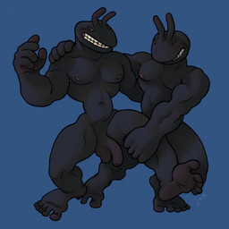 antennae_(anatomy) anthro athletic black_body black_skin caricature duo feet flaccid foreskin genitals grabbing humanoid_feet long_penis male male/male muscular muscular_male nipples pecs penis pink_nipples plantigrade silly_pose simple_background small_eyes small_waist smile ravuer ant arthropod hymenopteran insect 1:1 hi_res