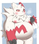 anthro areola belly big_belly biped blush bodily_fluids claws looking_at_viewer male navel nipples nude simple_background solo sweat sweatdrop thick_thighs towel wide_hips jimmiezangoo nintendo pokemon generation_3_pokemon pokemon_(species) zangoose 2022 digital_media_(artwork) hi_res