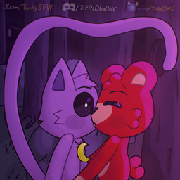 anthro blush blush_lines charm_(jewelry) duo eyes_closed eyes_open_while_kissing female fluffy forest forest_background gesture jewelry kiss_on_lips kissing light male moonlight nature nature_background necklace night outside plant pupils raised_tail small_pupils tail tail_gesture tail_heart text tongue tree tinky mob_entertainment poppy_playtime smiling_critters bobby_bearhug catnap_(poppy_playtime) bear domestic_cat felid feline felis mammal 1:1 url