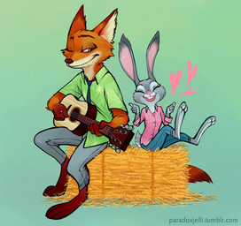 3_toes 4_fingers acoustic_guitar aloha_shirt anthro barefoot bottomwear buckteeth clothed clothing duo eyes_closed feet female fingers fully_clothed fur gradient_background green_background green_eyes grey_body grey_fur guitar hay hay_bale heart_symbol holding_guitar holding_musical_instrument holding_object male musical_instrument necktie one_eye_closed open_mouth open_smile orange_body orange_fur pants pattern_clothing pattern_shirt pattern_topwear playing_guitar playing_music plucked_string_instrument scut_tail shirt short_tail simple_background sitting smile string_instrument tail teeth text toes topwear paradoxjelli disney zootopia judy_hopps nick_wilde canid canine fox lagomorph leporid mammal rabbit red_fox true_fox url