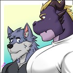 anthro black_clothing black_horn black_shirt black_topwear blonde_hair blue_eyes clothing duo facial_spikes fur grey_body grey_fur hair horn inner_ear_fluff looking_aside looking_at_another looking_at_chest male mohawk muscular muscular_anthro muscular_male nervous nervous_sweat on_top pupils purple_body purple_scales scales shirt slit_pupils spikes spikes_(anatomy) tight_clothing topwear tuft white_clothing white_shirt white_topwear yellow_eyes vju79 girl_staring_at_man's_chest mythology gervic_(vju79) vlagg_(vju79) canid canine canis dragon mammal mythological_creature mythological_scalie scalie wolf 1:1 absurd_res digital_drawing_(artwork) digital_media_(artwork) hi_res meme shaded signature simple_shading