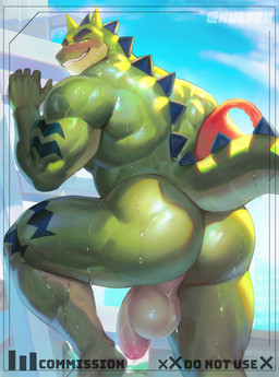 5_fingers anthro balls barazoku big_balls big_butt big_muscles big_penis biped blush bodily_fluids butt cloud facial_scar fingers genitals green_body green_eyes green_scales half-erect huge_balls huge_penis humanoid_genitalia humanoid_penis male muscular muscular_anthro muscular_male nude nude_anthro nude_male outside penis scales scar sky smile smiling_at_viewer solo sweat sweatdrop sweaty_body thick_penis kult2k crocodile crocodilian reptile scalie 2025 absurd_res hi_res