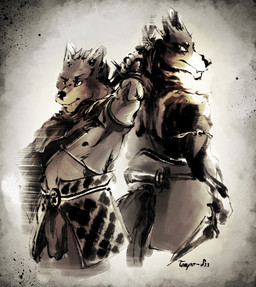 anthro armband armor belt cape clothed clothed_male clothing duo gambeson knife male male_anthro melee_weapon simple_background sword three-quarter_view weapon tempomcflurry far_beyond_the_world_(series) ranok_(far_beyond_the_world) vulgor_(far_beyond_the_world) canid canine canis mammal wolf 2022 dated hi_res signature