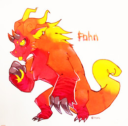 black_sclera blep claws ear_piercing ear_ring fur grey_claws grey_horn horn looking_at_viewer male multicolored_body multicolored_fur multicolored_horn orange_body orange_fur orange_horn piercing pupils red_body red_ears red_fur ring_piercing semi-anthro simple_background slit_pupils solo standing three-quarter_view tongue tongue_out two_tone_horn unsigned white_background yellow_body yellow_eyes yellow_fur yellow_inner_ear asnnonaka fohn_(asnnonaka) 2016 dated full-length_portrait portrait