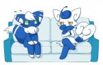 ambiguous_gender anthro crossed_arms crossed_legs duo felid female_(lore) furniture generation_6_pokemon japanese_meowstic kemono male_(lore) mammal meowstic nervous nintendo nude pokemon pokemon_(species) scary semi-anthro simple_background sitting sofa white_background