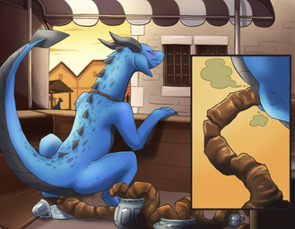 ambiguous_gender barrel blue_body blush claws close-up effort fart feces feral horn jewelry market_stall markings necklace necklace_only nude outside pooping pooping_in_container pooping_on_floor pottery red_eyes scales spots spotted_markings toe_claws conditional_dnp grumpyvulpix mythology alenn dragon mythological_creature mythological_scalie scalie english_description hi_res story story_in_description