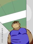 black_nose blue_clothing blue_shirt blue_topwear brown_body brown_fur clothing corridor fur male meme_pose one_eye_closed shirt solo topwear wink shaobear shaobear_(character) bear humanoid mammal absurd_res hi_res