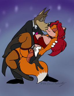 4_fingers anthro anthro_on_anthro black_nose breasts brown_body brown_fur clothing dress duo eyes_closed female fingers fur gloves hair handwear humanoid_hands interspecies interspecies_romance kiss_on_lips kissing male male/female red_body red_fur red_hair romantic romantic_couple suit toony eric_schwartz metro-goldwyn-mayer tex_avery sheila_vixen wolf_(tex_avery) canid canine canis fox mammal wolf 2026 hi_res