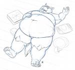 anthro belly belly_overhang big_belly chubby_cheeks claws container double_chin fur hand_on_belly love_handles lying male moobs navel nude obese obese_anthro obese_male on_back open_mouth overweight overweight_anthro overweight_male pizza_box plate simple_background solo thick_thighs toe_claws tongue tongue_out wide_hips fluffylai canid canine canis domestic_dog german_shepherd herding_dog mammal pastoral_dog