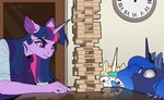 absurd_res anthro clock clothing crown equid equine evehly female friendship_is_magic furniture hasbro headgear hi_res horn jenga mammal meme my_little_pony mythological_creature mythological_equine mythology princess_celestia_(mlp) princess_luna_(mlp) table tiara twilight_sparkle_(mlp) unicorn wall_clock