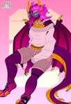 anthro blue_eyes breasts clothed clothing collar female fingers hair looking_at_viewer membrane_(anatomy) membranous_wings non-mammal_breasts purple_hair sitting solo tail wings senka-bekic mythology dragon mythological_creature mythological_scalie scalie 2022 absurd_res digital_media_(artwork) hi_res