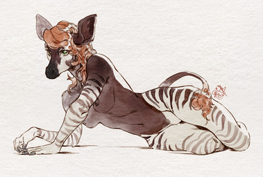anthro brown_body brown_fur brown_hair eyelashes featureless_crotch female fur green_eyes hair lying nude nude_anthro nude_female on_side pose solo striped_body striped_fur stripes tail tail_tuft tuft durtyanko genevieve_lykelle giraffid mammal okapi hi_res painting_(artwork) pinup traditional_media_(artwork) watercolor_(artwork)