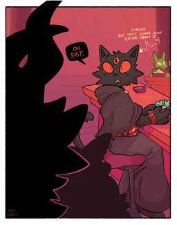 3_eyes ambiguous_anthro ambiguous_gender anthro black_body black_fur cheek_tuft dialogue facial_tuft fur green_body head_tuft horn looking_at_another multi_eye red_eyes solo_focus speech_bubble talking_to_another text tuft rubyfunkey cult_of_the_lamb massive_monster_(studio) lamb_(cult_of_the_lamb) narinder yngya_(cult_of_the_lamb) bovid caprine domestic_cat felid feline felis mammal sheep 2026 digital_drawing_(artwork) digital_media_(artwork) english_text hi_res